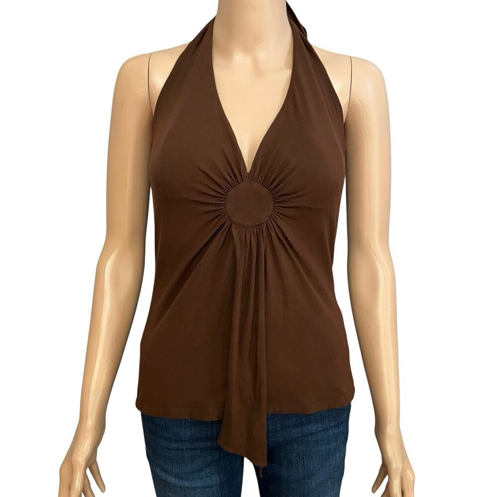 Y2K Cache Halter Top Small Brown Jersey Knit Plunging Night Out Clubwear